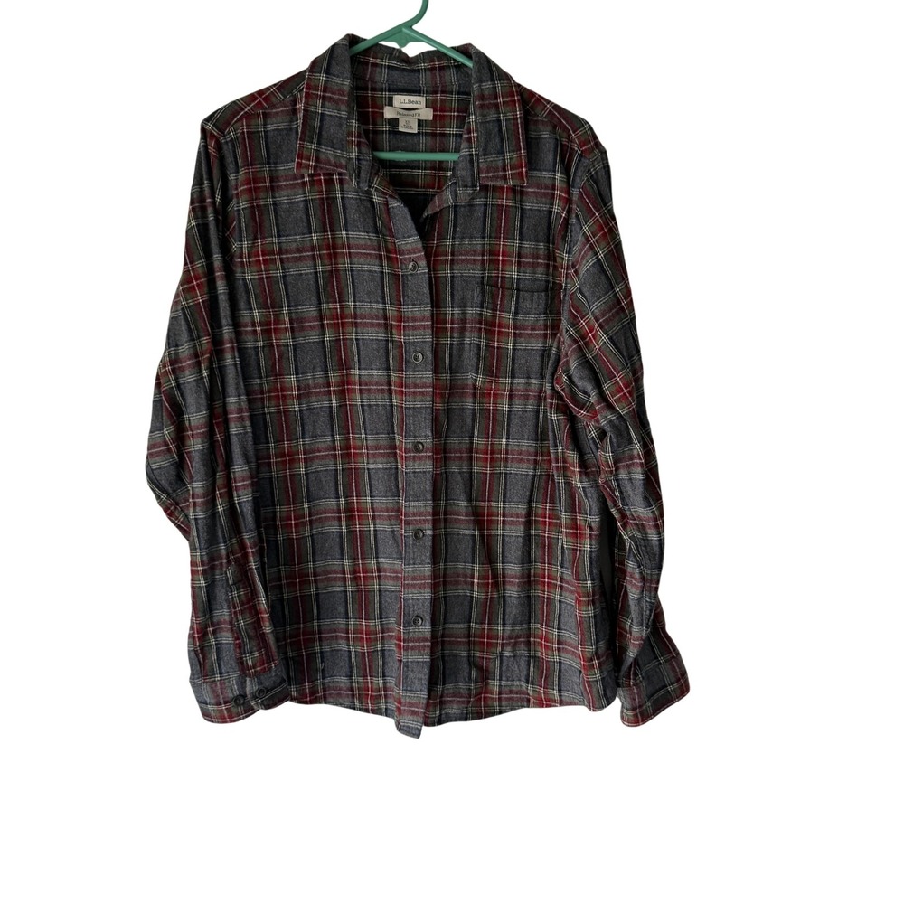 LL Bean Shirt Mens XL Gray Red Plaid Flannel Relaxed Fit Button Up Pocket Cotton